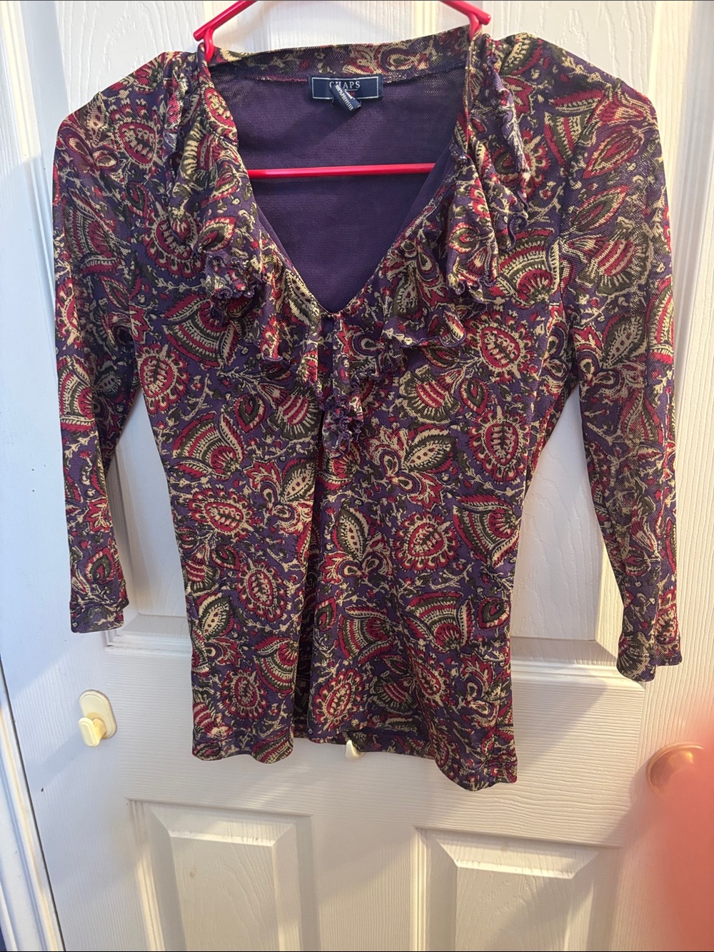 Chaps Purple Paisley V-Neck Long Sleeve Top